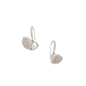 White Pearl Clamshell Fish Hook Earrings in Platinum