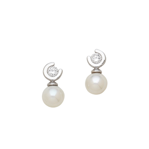 White Pearl and CZ Diamond Stud Earrings in Platinum