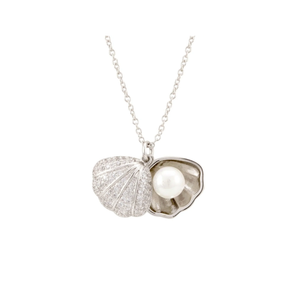 White Pearl Clamshell Pendant Necklace in Platinum 