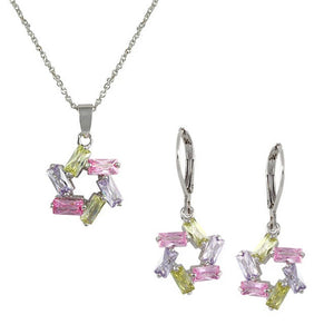 Multi-Color Pastel Pink, Lavender and Green Star Set of Two Pendant Necklace and Earrings in Rhodium