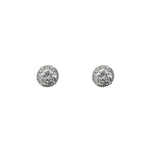 Pave Halo Clear CZ Stone Solitaire Studs in Rhodium
