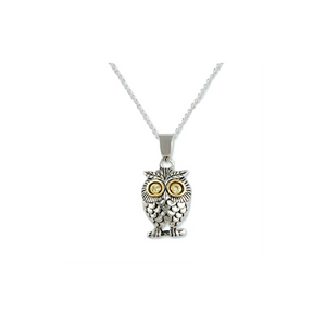 Owl Two Tone Necklace With Peridot CZ Eyes