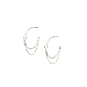 Chained Hoop Earrings with Baguette CZ in Rhodium