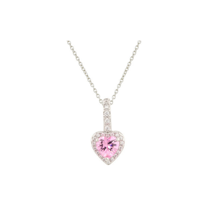 Heart Shaped Pink Tourmaline CZ Pendant Necklace in Rhodium