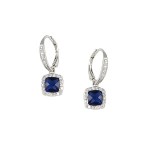 Sapphire Square Cut Pave CZ French Leverback Earrings in Rhodium