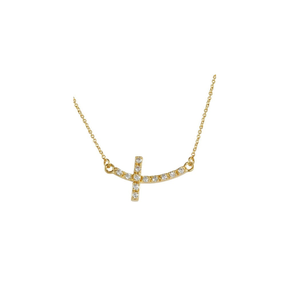 Sideways Set Curved Cross CZ Necklace in Gold
