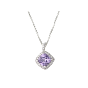 Amethyst Square Pave CZ Pendant Necklace in Rhodium