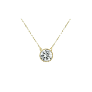 Bezel Beaded Edge Solitaire CZ Pendant Necklace in Gold