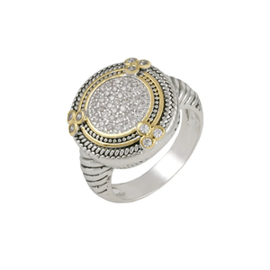 Sundial Ring with pave CZ Center in Rhodium and Gold