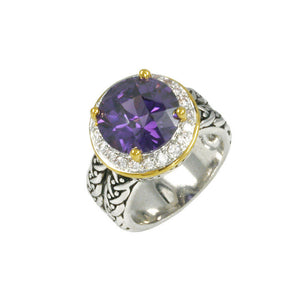 Designer Inspired Round Amethyst CZ Set in Pave Border Silver Band with Gold Accents