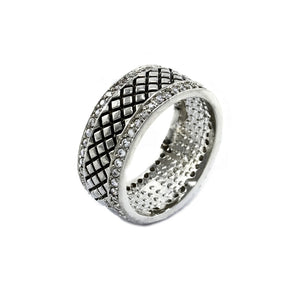 Diamond Grid Rhodium Band Framed With Pave Accents