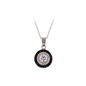 Designer Inspired Onyx And Clear Halo Circle Pendant Necklace