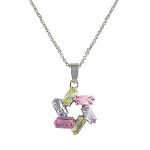 Multi-Color Pastel Pink, Lavender and Green Star (of David) Pendant Necklace in Rhodium