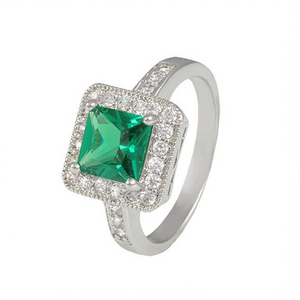 Emerald Square Cut Stone Ring with Pave Accent Border