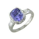 Tanzanite Oval Cut Ring in Sterling Silver with Pave Accents and Baguette Brilliants