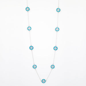 Designer Inspired 36" Teal Enamel Alhambra Clover Necklace in Rhodium Finish