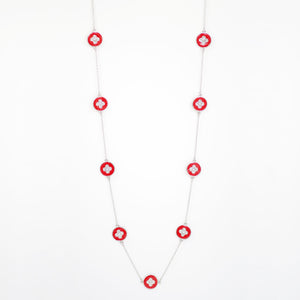 Designer Inspired 36" Red Enamel Alhambra Clover Necklace in Rhodium Finish