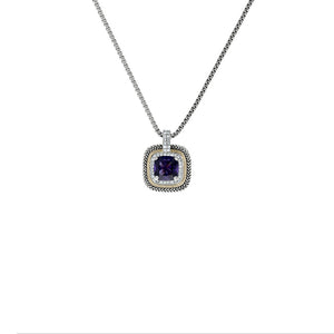 Designer Inspired Amethyst Cushion Cut Pendant Necklace with Pave Border