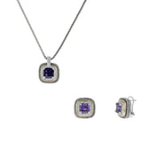 Designer Inspired Amethyst Cushion Cut with Pave Border 2 Piece Gift Set of Necklace and Earrings