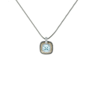 Designer Inspired Aqua Cushion Cut Pendant Necklace with Pave Border