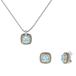 Designer Inspired Aqua Cushion Cut with Pave Border 2 Piece Gift Set of Necklace and Earrings