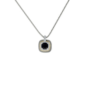 Designer Inspired Black Cushion Cut Pendant Necklace with Pave Border