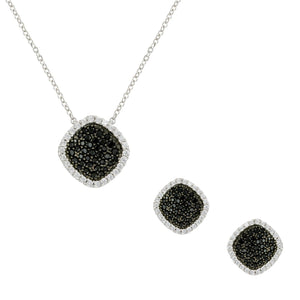 Halo Square Onyx And Clear CZ 2 Piece Gift Set of Necklace and Earrings