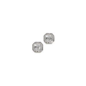 Vintage Inspired Square Cut CZ Stud Earrings with Pave Border in Sterling Silver