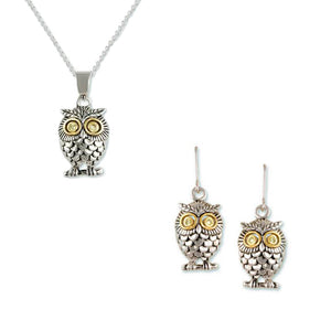 Owl With Peridot CZ Eyes 2 Piece Gift Set of Necklace and Earrings